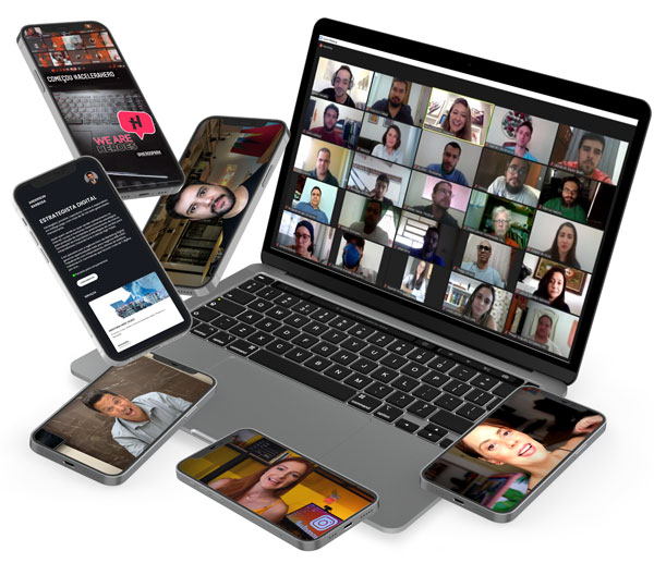 Imagem de dispositivos móveis com vídeos de mentores nas telas.
