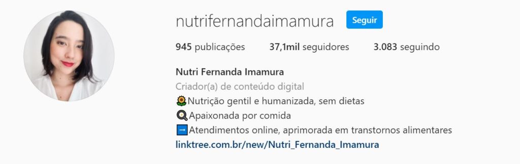 print da biografia do instagram da nutricionista fernanda imamura