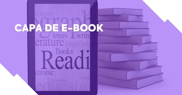 Capa de um e-book em que se lê a palavra "reading", ao lado de uma pilha de livros físicos. Imagem com filtro roxo e texto em destaque: Capa de e-book