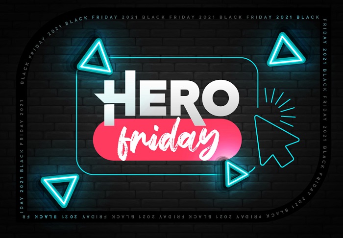 texto com a arte Hero Friday em destaque em fundo preto, representando a black friday da HeroSpark