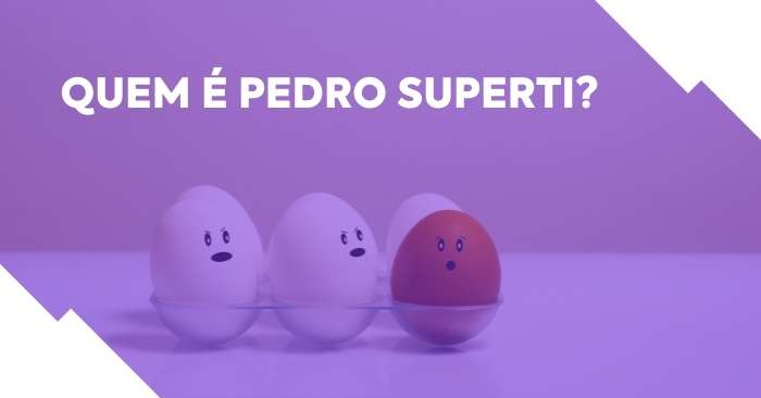 imagem de três ovos, sendo dois brancos e um caipira, para representar o conceito de diferenciação. Imagem com filtro roxo e texto em destaque: Quem é Pedro Superti?