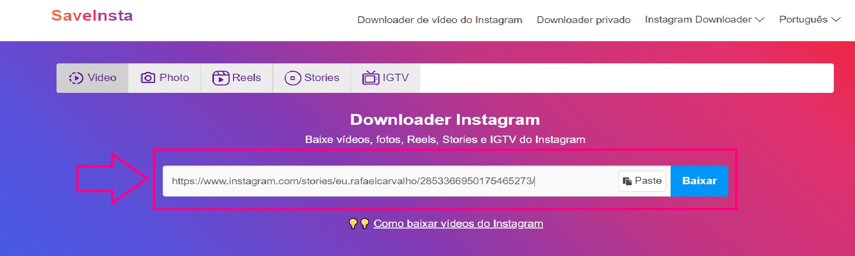 Print de tela ensinando a fazer o download de stories do instagram pelo computador