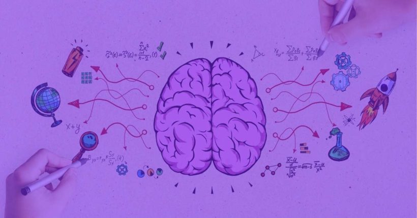 Imagem de um cérebro com ícone de diferentes cursos mais procurados na internet