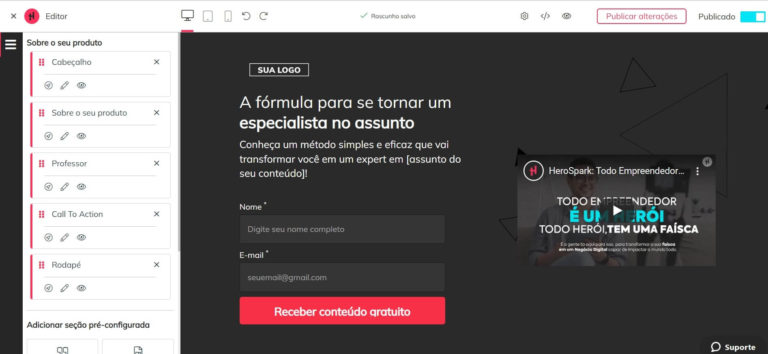 criando landing page para produtos físicos na HeroSpark