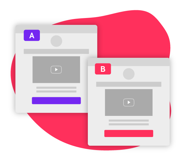 Uma ilustração de duas telas de um mesmo site, sendo a página A com um botão roxo, e a página B com um botão rosa.