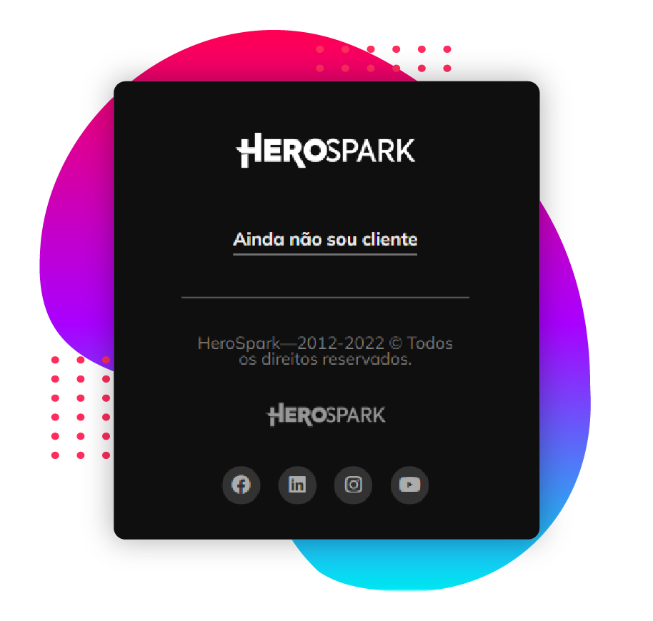 Imagem de um rodapé de um site da HeroSpark, com a logo, alguns links úteis e botões para as redes sociais.