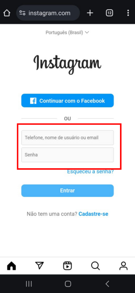 entrar no instagram pelo google