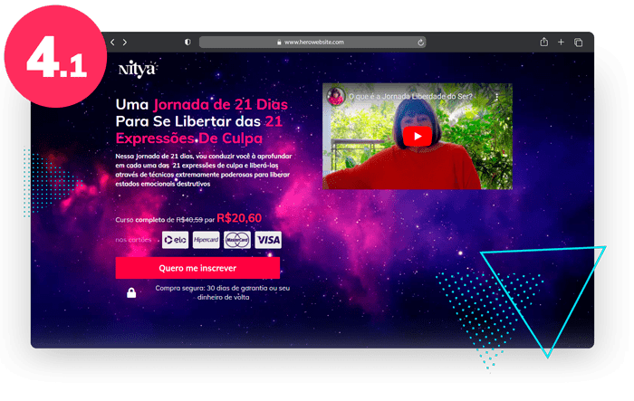 Uma página em navegador com vídeo, descrição e tipos de pagamento aceitos de curso online.