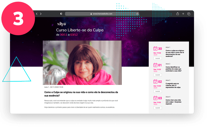 Uma página em navegador com vídeo, descrição e calendário de curso online.