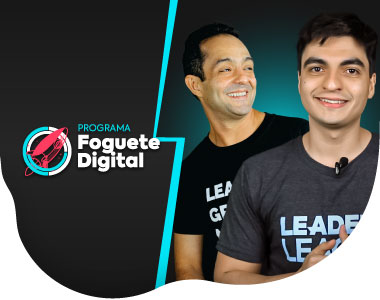 Logo do Programa Foguete Digital e foto dos mentores.