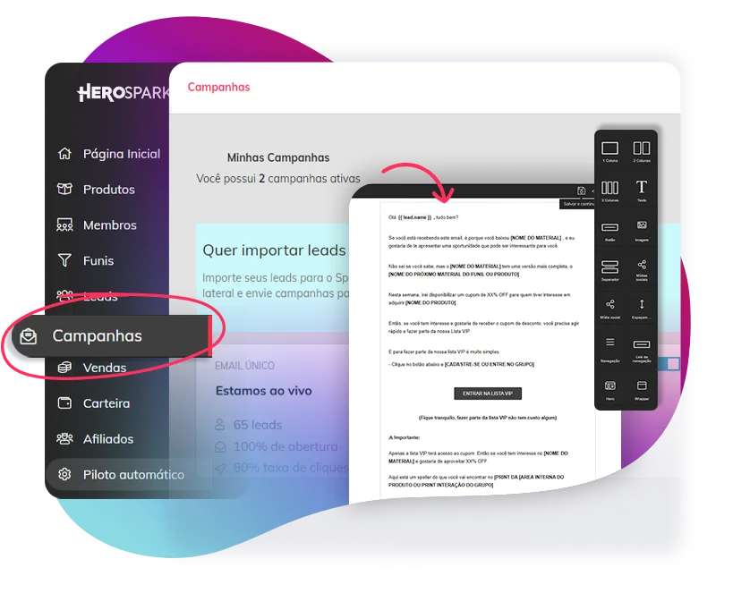 Ilustração do fluxo de criação de emails transacionais na plataforma HeroSpark