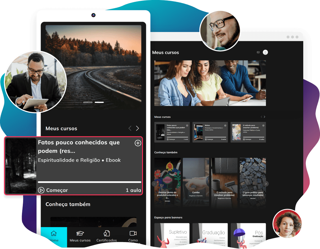 Interface de área de membro com experiência Netflix aplicada em desktop e celular.