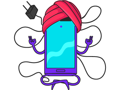 Ilustração de um celular com turbante em pose de meditaçao.