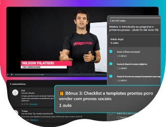 Tela com vídeo e navegação de aulas de curso online em dexktop e celular.