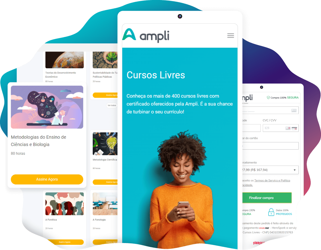 Interface de uma página de vitrine de cursos online em navagador desktop e celular.