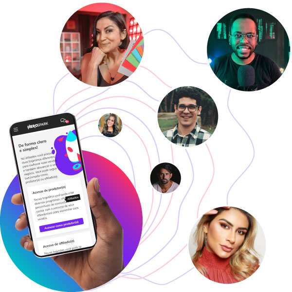 Mão mostrando tela de celular com aplicativo HeroSpark. Fotos de clientes.