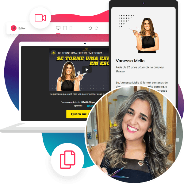 Página de webinário de cabelereira demonstrada em desktop e celular.