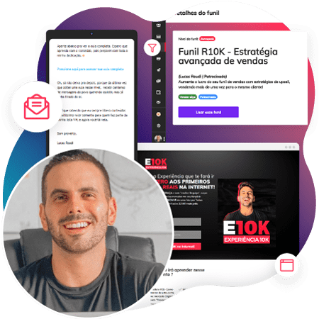 Composição de imagens com homem caucasiano sorrindo e elementos de uma interface com página de site, e-mail e ícones.