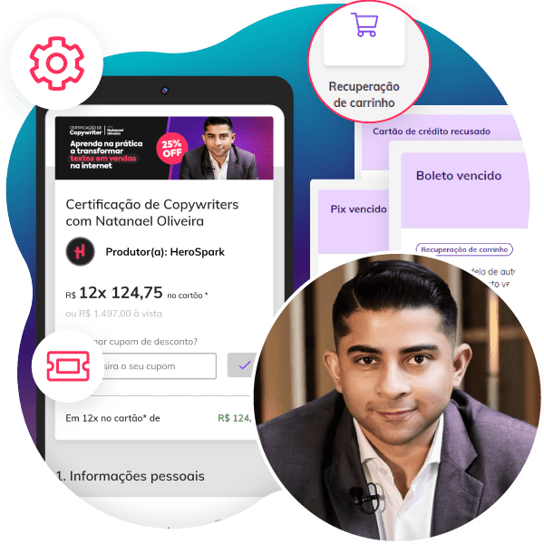Imagem de interface de plataforma com menus e opções para acelerar vendas de produtos digitais.