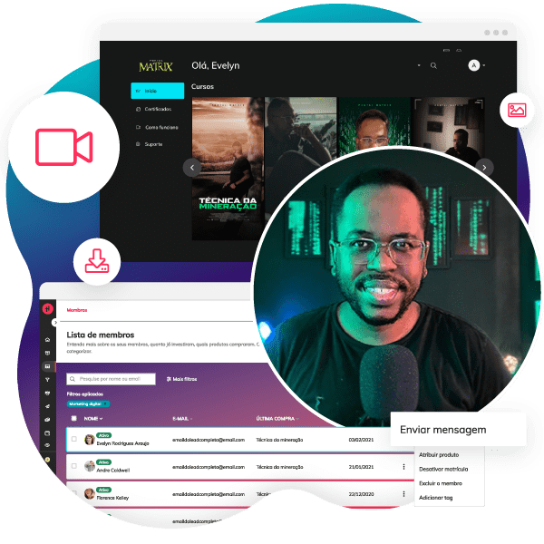 Composição de imagens com homem afrodescendente sorrindo e elementos de uma interface com lista de nomes, cursos online e ícones.