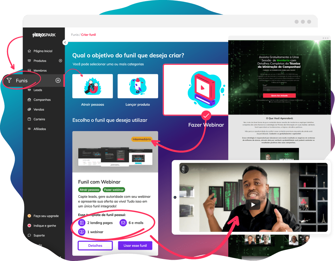 Interface de software exemplificando a construção de uma página de webinário em desktop e celular.
