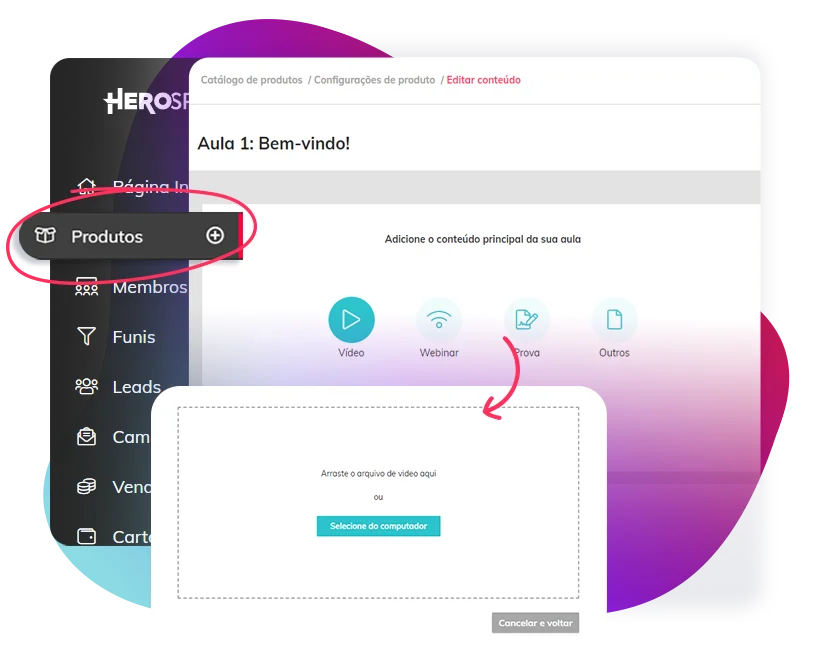 Ilustração do processo de upload de vídeos na plataforma HeroSpark