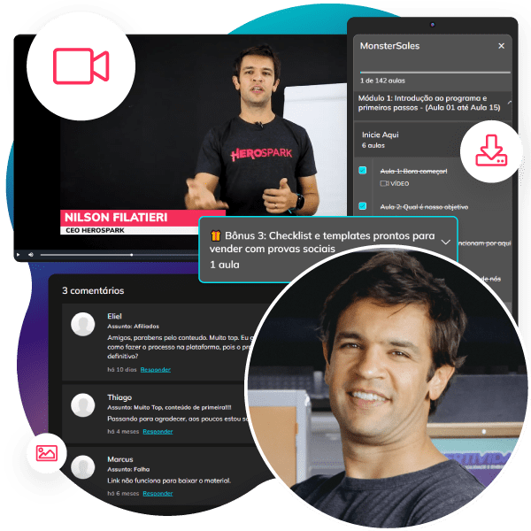 Tela com vídeo e navegação de aulas de curso online em dexktop e celular.