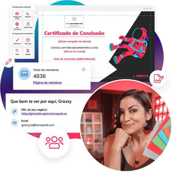 Um certificado digital com interface de edição e mulher sorrindo.
