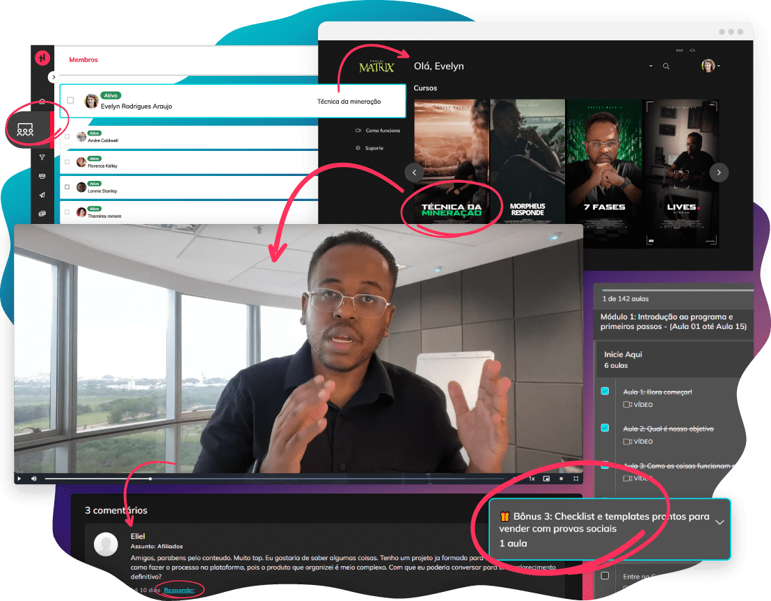 Interface em navegador com uma página de vitrine de cursos online, menu com módulos e vídeo.