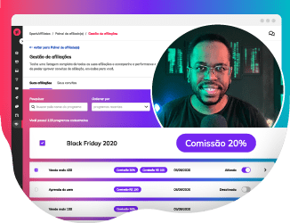Composição de imagens com homem sorrindo e elementos de uma interface com lista de nomes, comissão para revenda de cursos online.