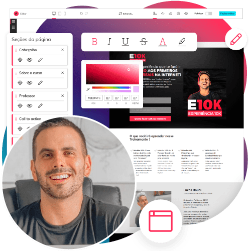 Composição de imagens com homem sorrindo e elementos de uma interface de edição de páginas para internet.