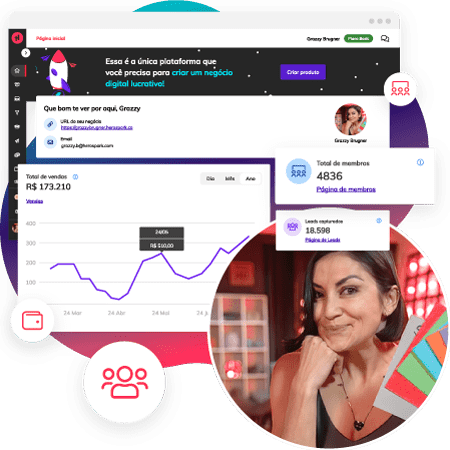 Composição de imagens com mulher caucasiana sorrindo e elementos de uma interface com gráficos, valores e ícones.
