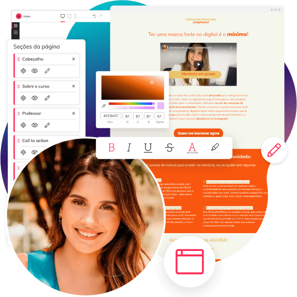 Composição de mulher sorrindo e elementos de uma interface de edição de páginas para internet.