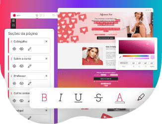 Página de curso online com interface de edição de cor e texto sobreposta.