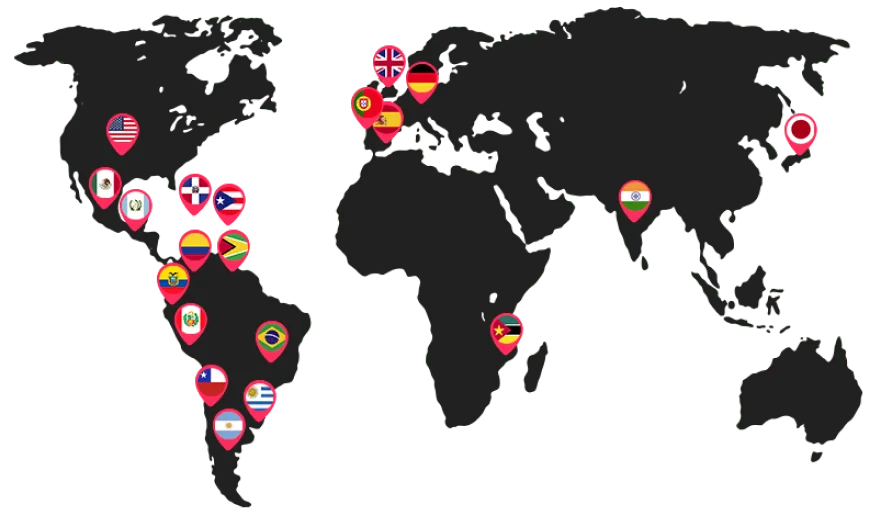 Um mapa mundi com pins marcando países onde clientes HeroSpark estão localizados - majoritariamente na América Latina e Europa