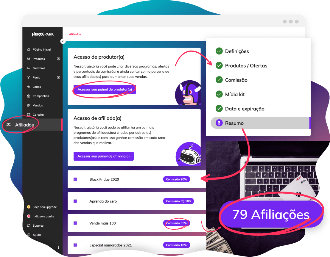 Composição de imagens com elementos de uma interface com lista de nomes, cursos online e ícones.