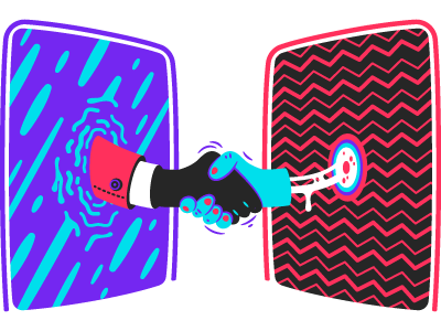 Ilustração de um aperto de mãos através de portais futuristas.