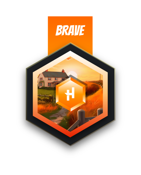 Badge do Brave Hero- laranja com a imagem de um vilarejo campestre.