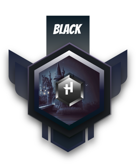 Badge do Black Hero- preta com a imagem de um castelo poderoso.
