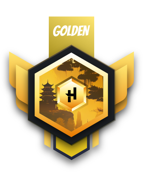 Badge do Golden Hero- douradacom a imagem de um templo místico.