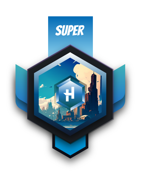 Badge do Super Hero - azul com a imagem de uma metrópolis.