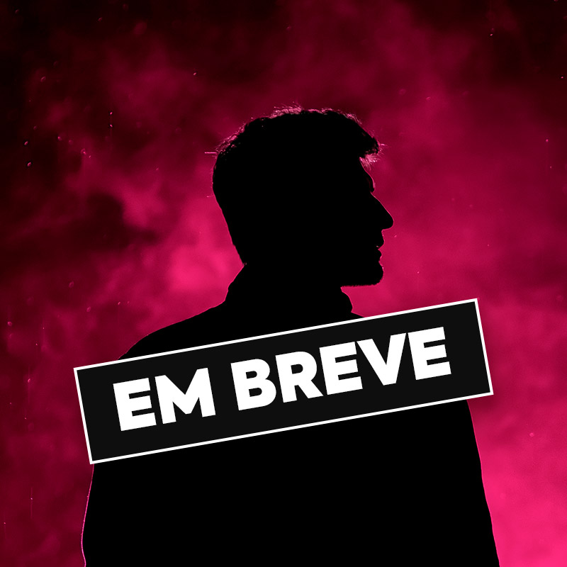 Perfil de um homem oculto em névoa rosa escrito "em breve"
